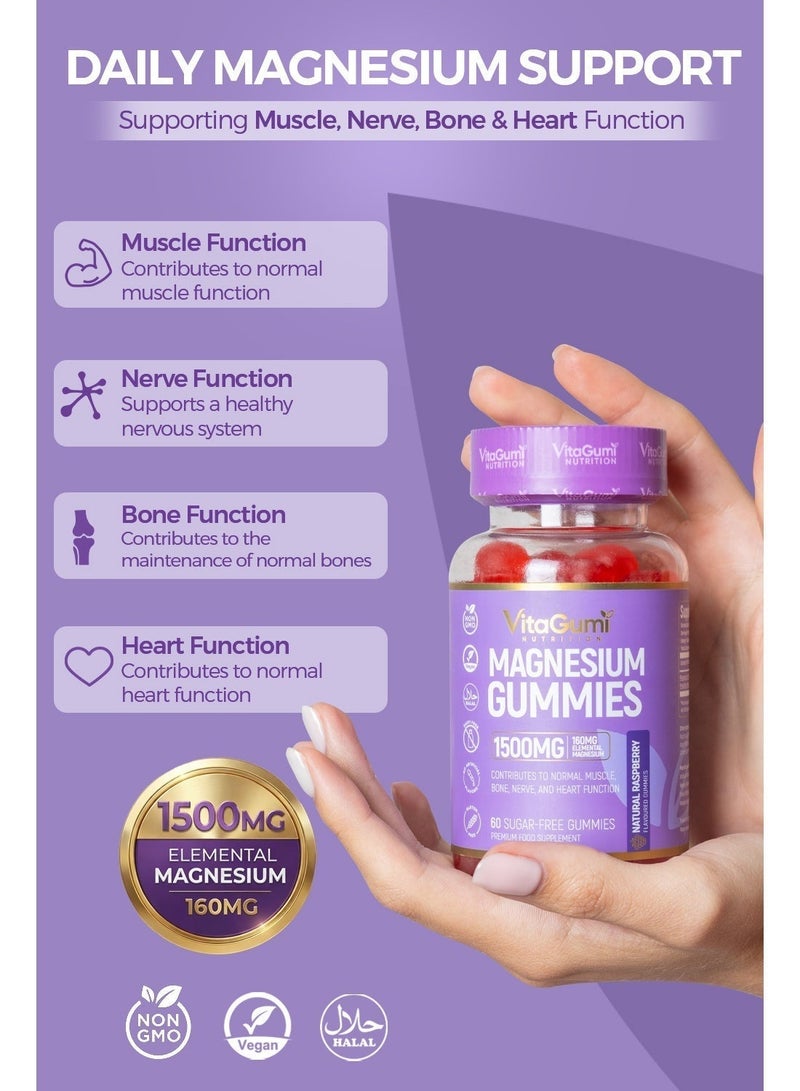 VitaGumi Nutrition Magnesium Gummies | High-Strength 1500mg Magnesium Citrate (160mg Elemental) | Vegan, Sugar-Free & Halal | Natural Raspberry Flavour | 60 Gummies | 1-Month Supply | Third-Party Tested - Image 2